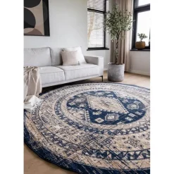 Interieur05 rond vintage vloerkleed Aila blauw - 190 x 190 cm