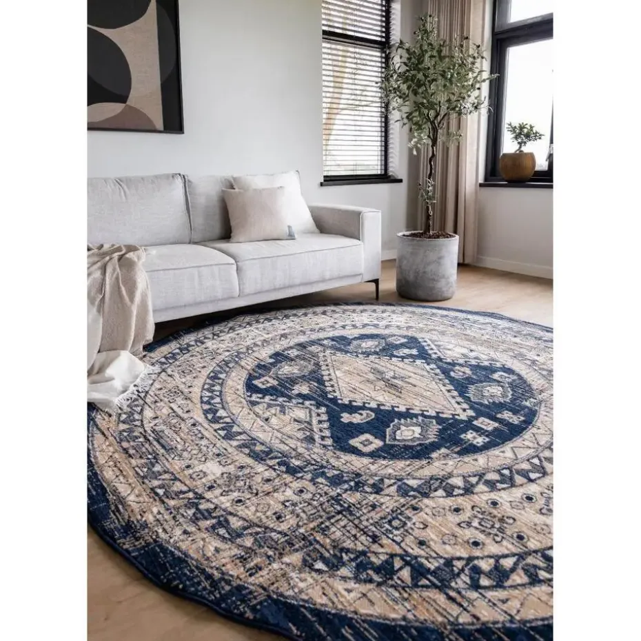 Interieur05 rond vintage vloerkleed Aila blauw - 190 x 190 cm