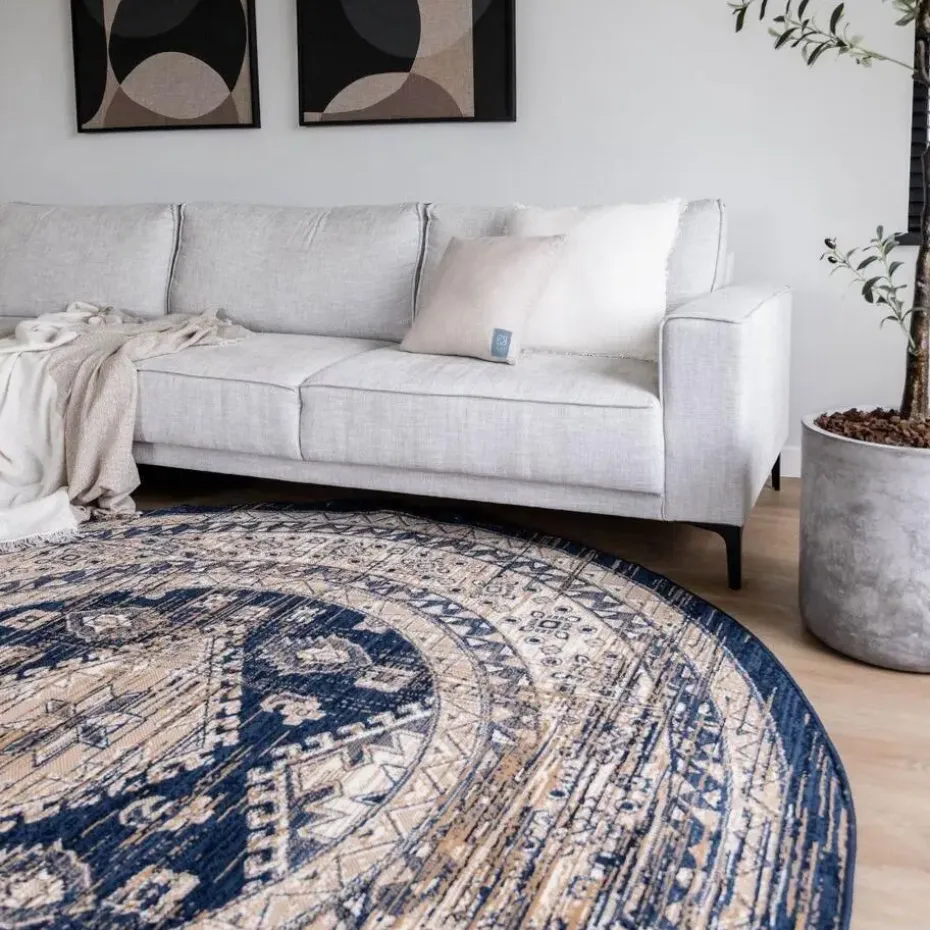 Interieur05 rond vintage vloerkleed Aila blauw - 190 x 190 cm