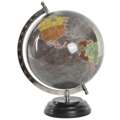 Items Deco Wereldbol/globe op voet - kunststof - grijs - 20 x 28 cm