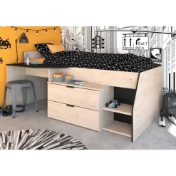 Kajuitbed Milky met bureau en lades - zwart/eik