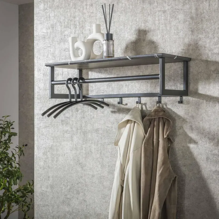 Kapstok - Zwart Metaal - 80x30x24cm - 6-Haken - Roede