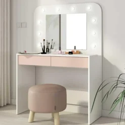 Kaptafel Holly met spiegel en verlichting 2 lades spaanplaat - wit/roze