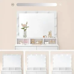 Kaptafel met 9 LED lampen, spiegel, 2 laden, 3 open vakken