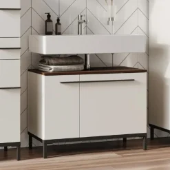 Kast voor onder wastafel Charlisa met 2 deuren en 2 legplanken - walnoot/greige