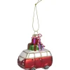 Kerst ornament Busje rood/wit glas - 6,8x6x3,5 cm