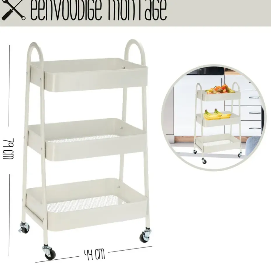 Keukentrolley - wit - metaal - 79x44x32 cm - 3 niveaus