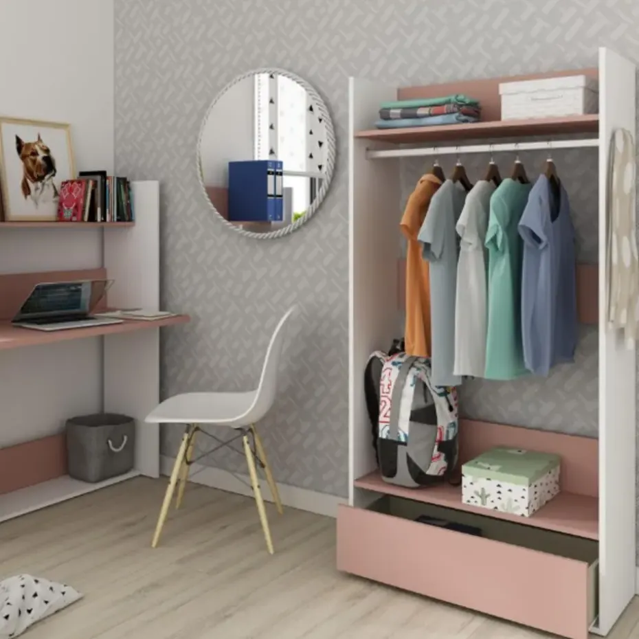 Kledingkast Bo0 met lade, hoedenplank en kledingroede - wit/ oudroze