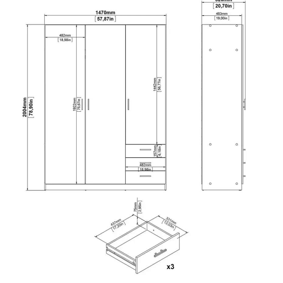 Kledingkast Sprint 3-deurs - wit - 200x147x50 cm