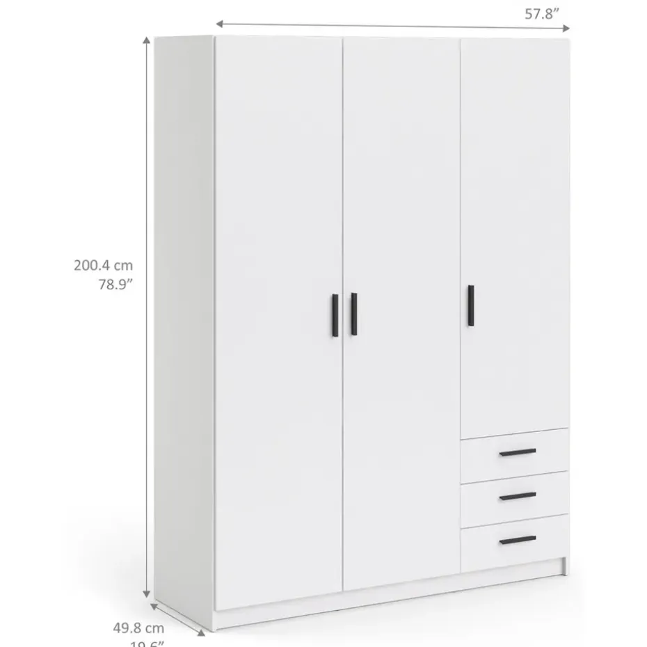 Kledingkast Sprint 3-deurs - wit - 200x147x50 cm