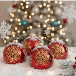 Krebs Kerstballen - 4 stuks - rood met sneeuwvlok - glas - 7 cm