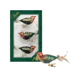 Krebs Vogels - decoratief glas - 3x - op clip - groen-bruin - 11 cm