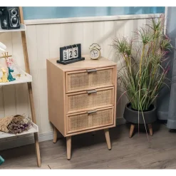 Ladenkastje met 3 lades van hout en natuurlijk rotan