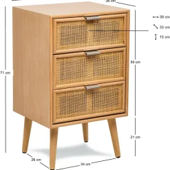 Ladenkastje met 3 lades van hout en natuurlijk rotan