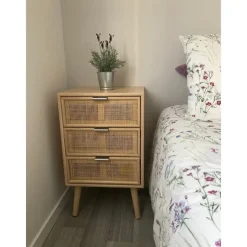 Ladenkastje met 3 lades van hout en natuurlijk rotan