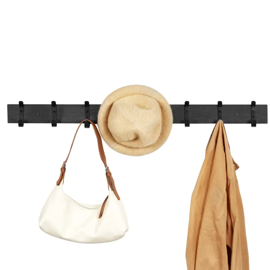 Lange wandkapstok - 8 zwarte haken - 88x6.5x1.5 cm - zwart