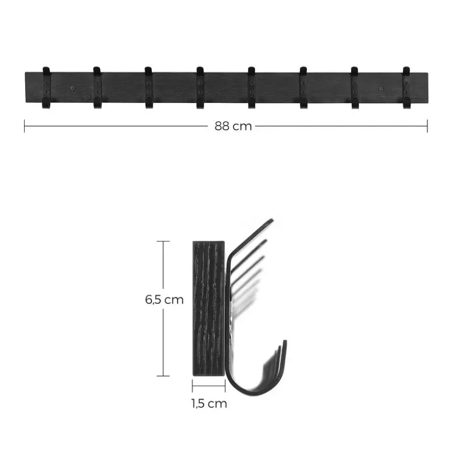 Lange wandkapstok - 8 zwarte haken - 88x6.5x1.5 cm - zwart