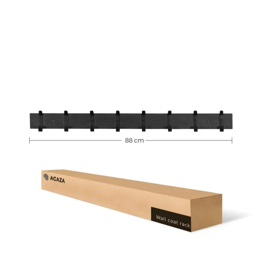 Lange wandkapstok - 8 zwarte haken - 88x6.5x1.5 cm - zwart