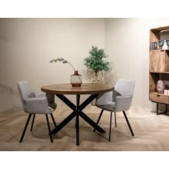 Livingfurn - Eetkamertafel Rocky Round Spider 150cm - Mangohout / Gecoat Staal