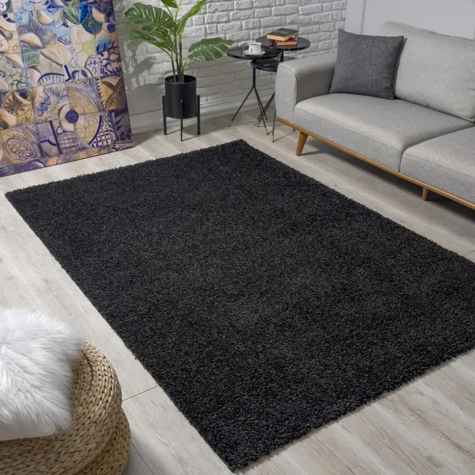 Loca Shaggy Vloerkleed – Modern Uni Effen – Zwart Hoogpolig & Zacht - 200x290 CM