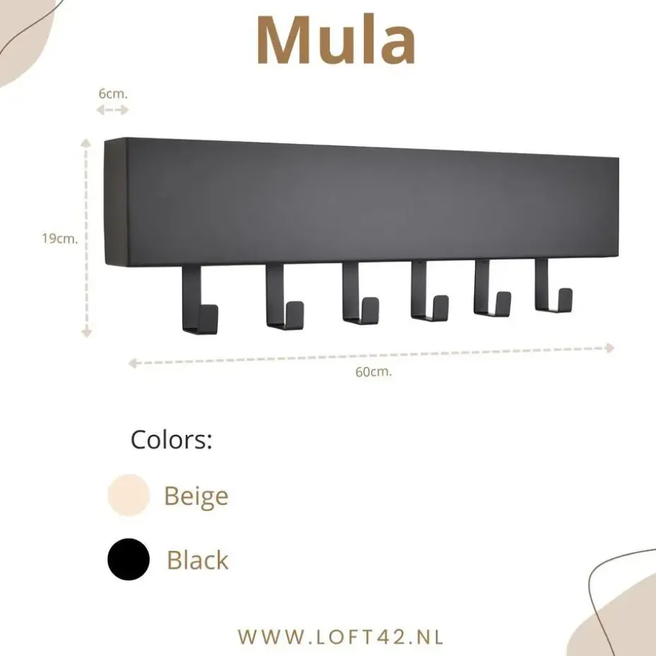 LOFT42 Mula Wandkapstok - 61x19x6 - Zwart metaal - 6 haken
