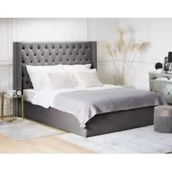 LUBBON - Bed met opbergruimte - Grijs - 160 x 200 cm - Fluweel