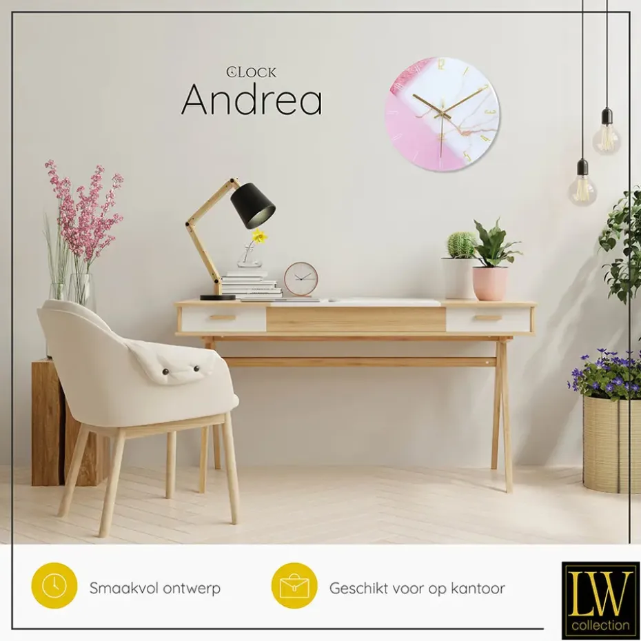 LW Collection Keukenklok Andrea wit roze 30cm