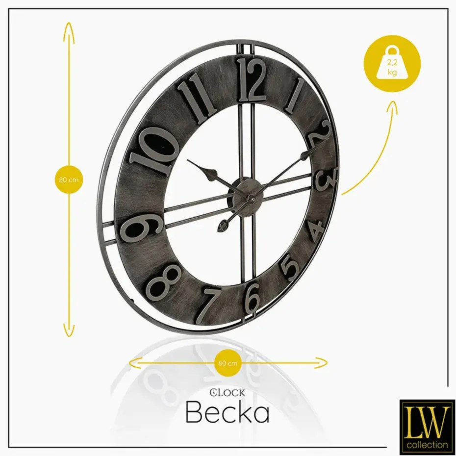 LW Collection Wandklok Becka grijs zilver 80cm