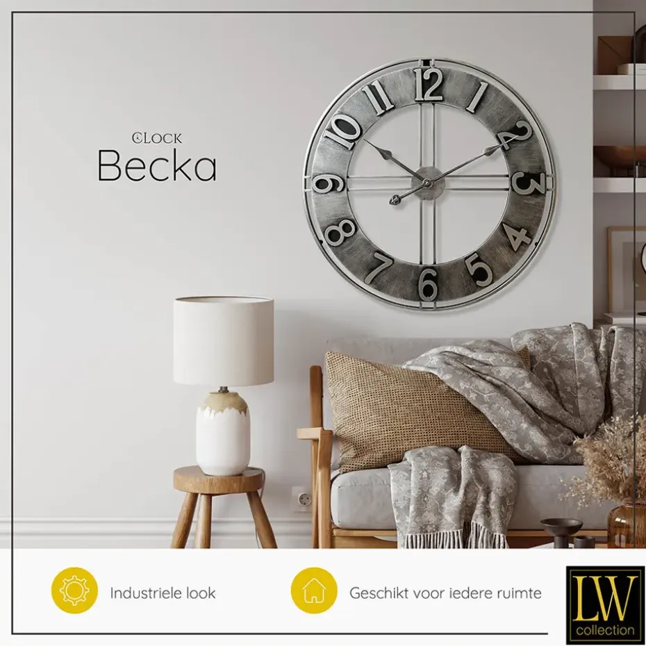 LW Collection Wandklok Becka grijs zilver 80cm