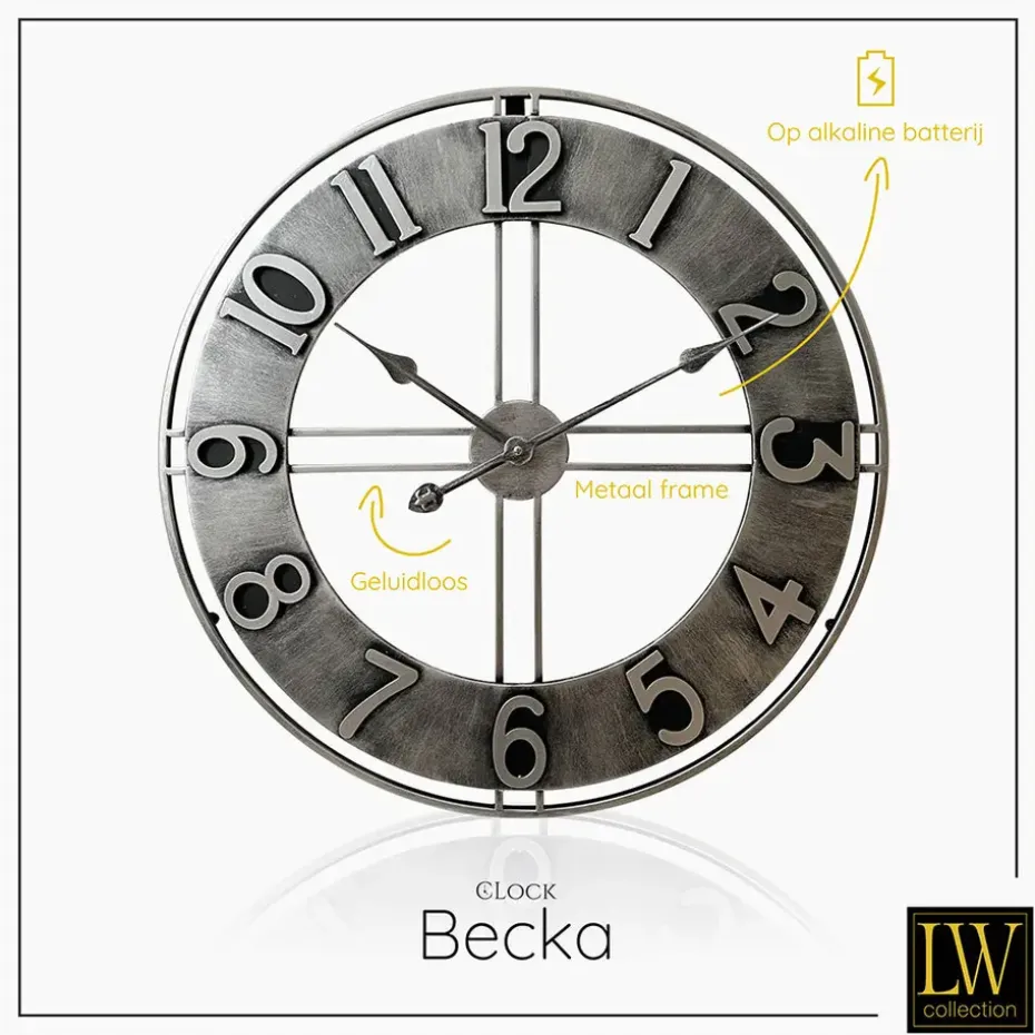 LW Collection Wandklok Becka grijs zilver 80cm