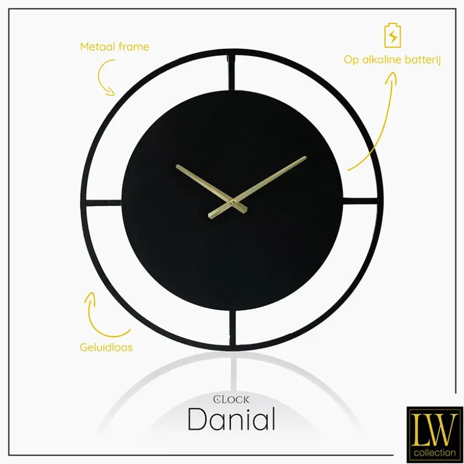 LW Collection Wandklok Danial zwart goud 60cm