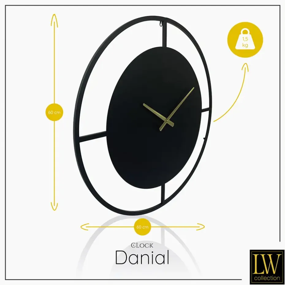 LW Collection Wandklok Danial zwart goud 60cm
