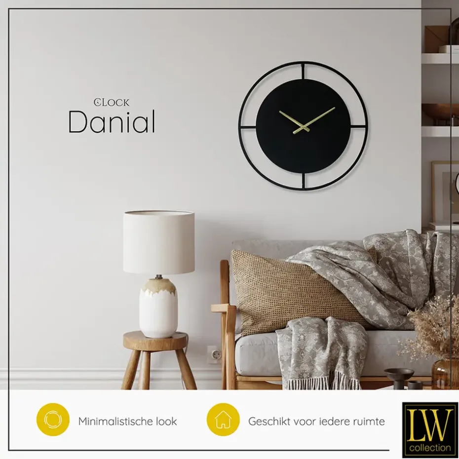 LW Collection Wandklok Danial zwart goud 60cm