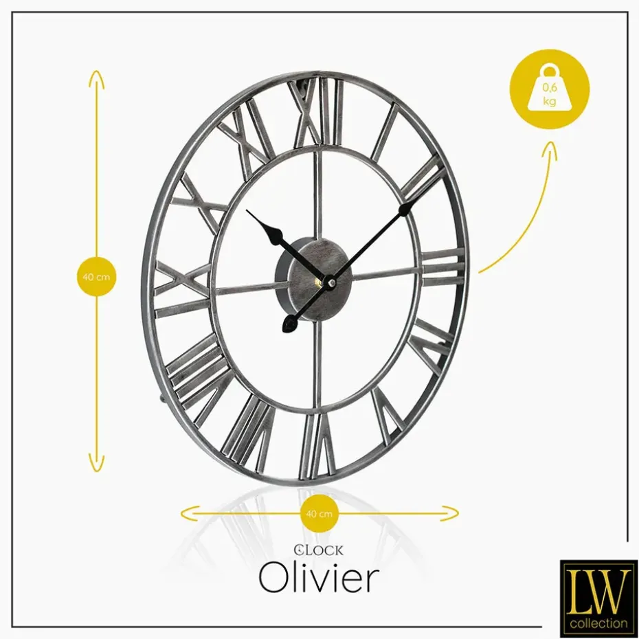 LW Collection Wandklok Olivier zilver 40cm