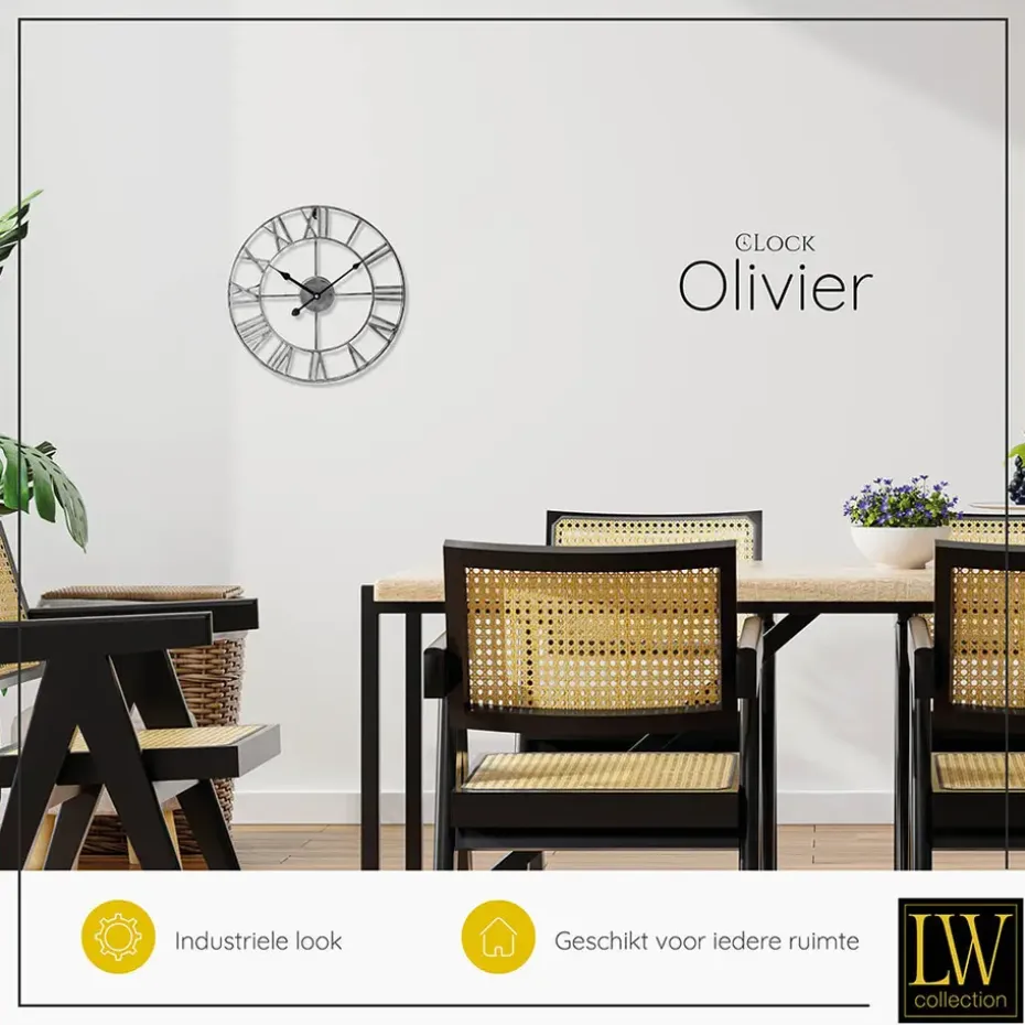LW Collection Wandklok Olivier zilver 40cm