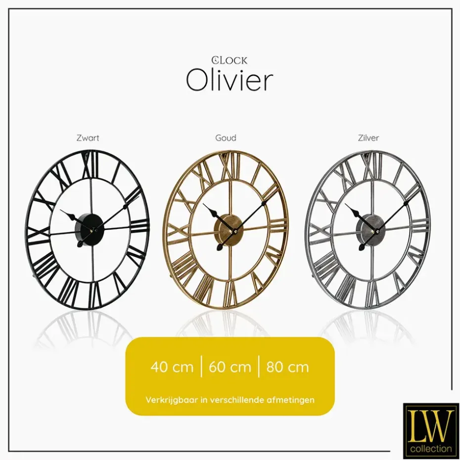 LW Collection Wandklok Olivier zilver 40cm