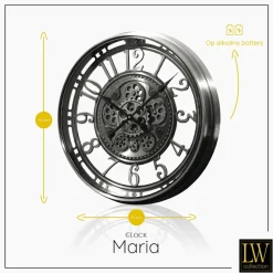LW Collection Wandklok radar Maria zilver 54cm bewegende tandwielen