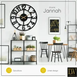 LW Collection Wandklok XL Jannah zwart met gouden wijzers 80cm