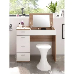 Make-uptafel Loïs 90cm 1 deur & 4 lades - lichte eikdecor/wit