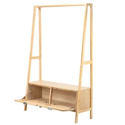 Massief houten kledingrek met rieten zitting