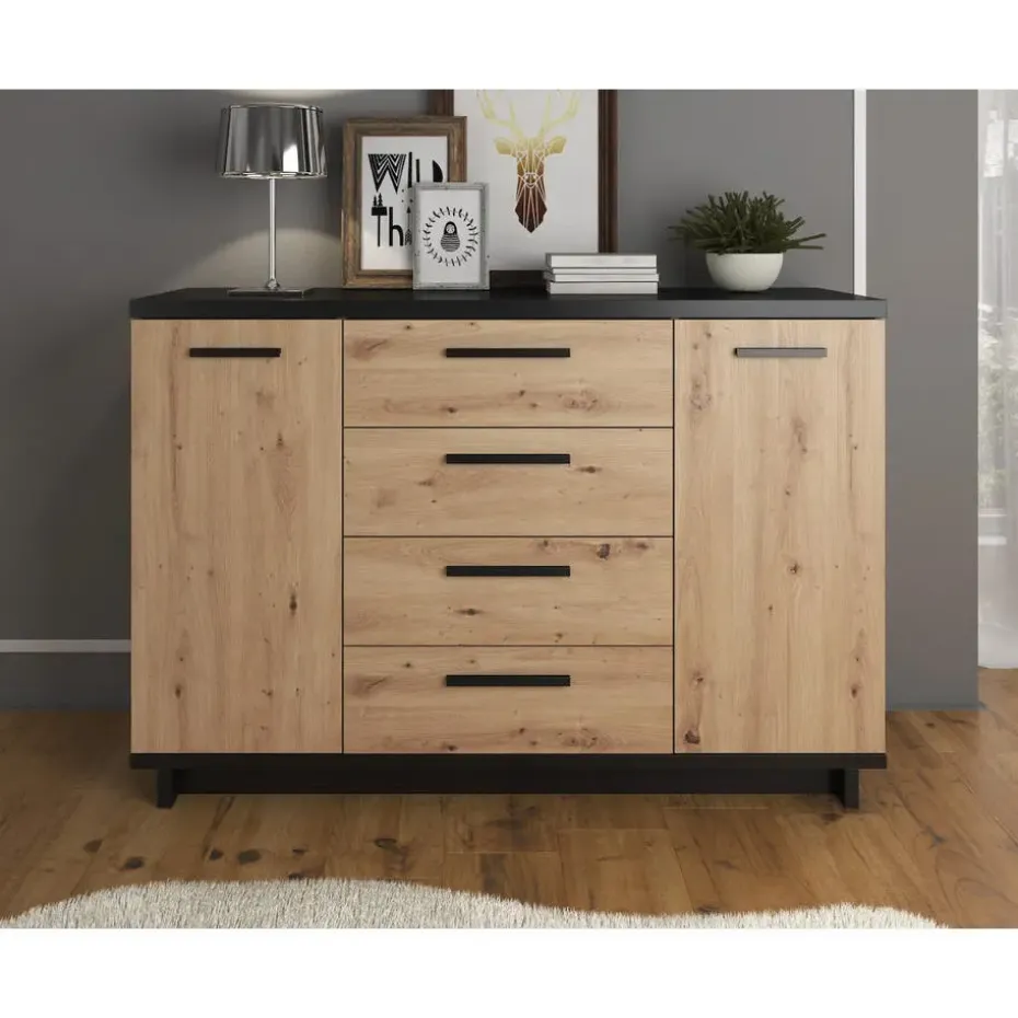 Meubella - Dressoir Incala - Eiken - Zwart - 135 cm
