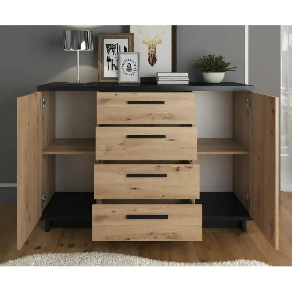 Meubella - Dressoir Incala - Eiken - Zwart - 135 cm