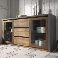 Meubella - Dressoir Monaco - Eiken - Grijs - 140 cm - Met glas