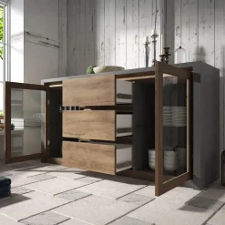 Meubella - Dressoir Monaco - Eiken - Grijs - 140 cm - Met glas