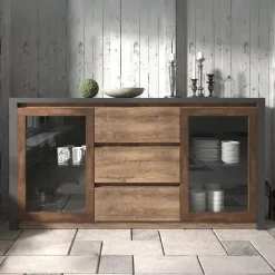 Meubella - Dressoir Monaco - Eiken - Grijs - 140 cm - Met glas