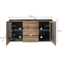 Meubella - Dressoir Monaco - Eiken - Grijs - 140 cm - Met glas