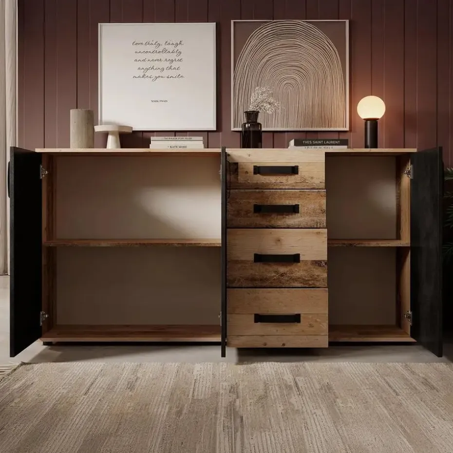 Meubella - Dressoir Montreal - Grijs - Old wood - 160 cm