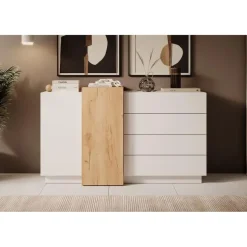 Meubella - Dressoir Three - Wit - Eiken - 160 cm