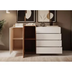 Meubella - Dressoir Three - Wit - Eiken - 160 cm
