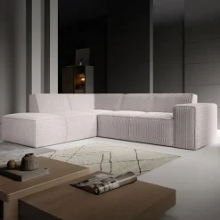 Meubella - Hoekbank Monet - Beige - Fluffy ribstof - Links